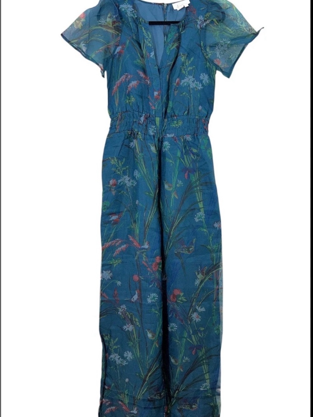 Anthropologie Teal Floral Short-Sleeve Smocked Jumpsuit - Picture 6 of 7